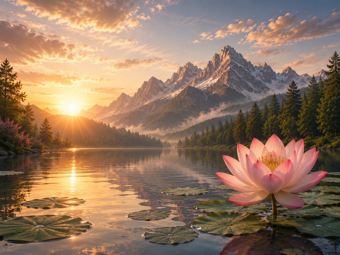 Pink lotus flower blooming on a calm lake at sunrise, with snow-capped mountains in the background